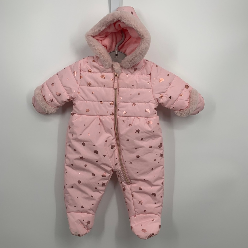 Rothschild Pram Suit Baby Girl 6/9M Pink Rose Gold Star Heart Excellent Snowsuit